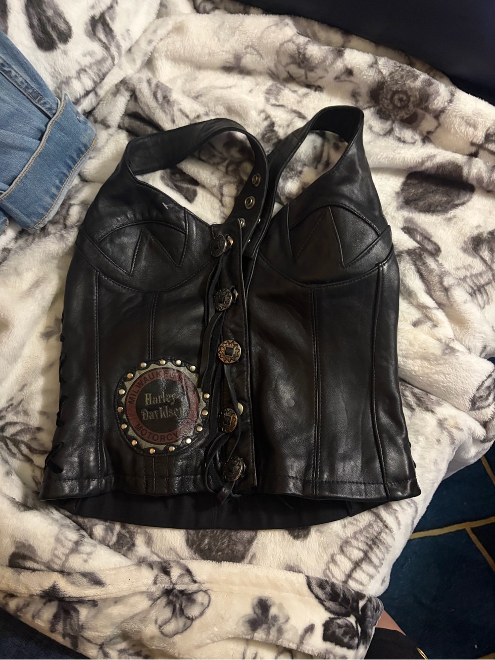 Harley Davidson Black Leather Halter Corset Vest with Studded Patch